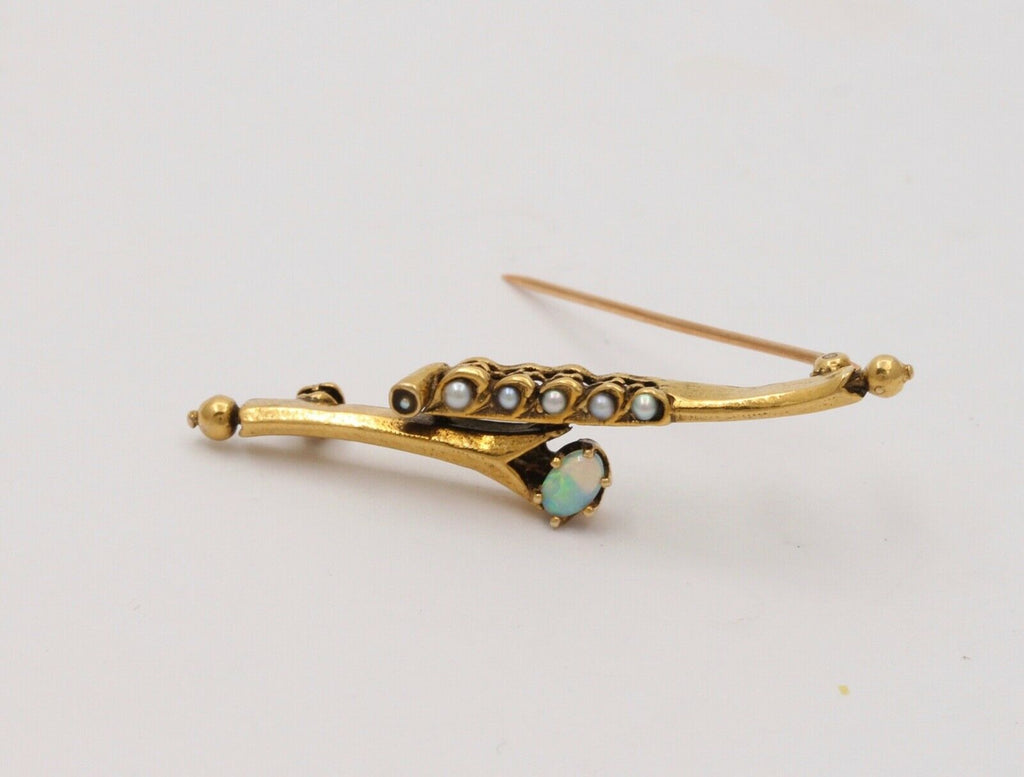 Vintage Opal & Split Pearl 14K Yellow Gold Bar Pin Brooch