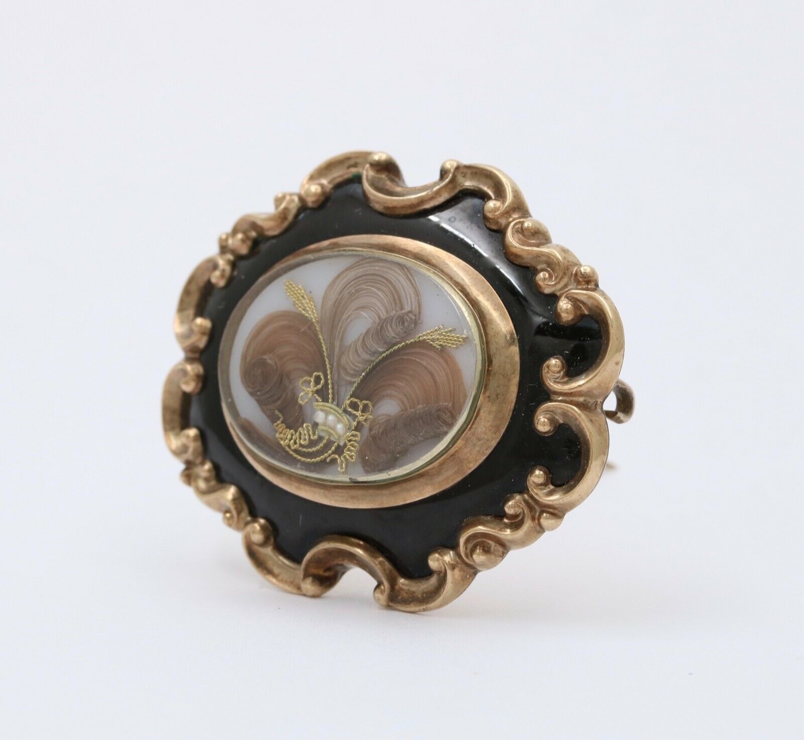 Victorian Memento Mori Hair 10K Enamel Brooch Pendant