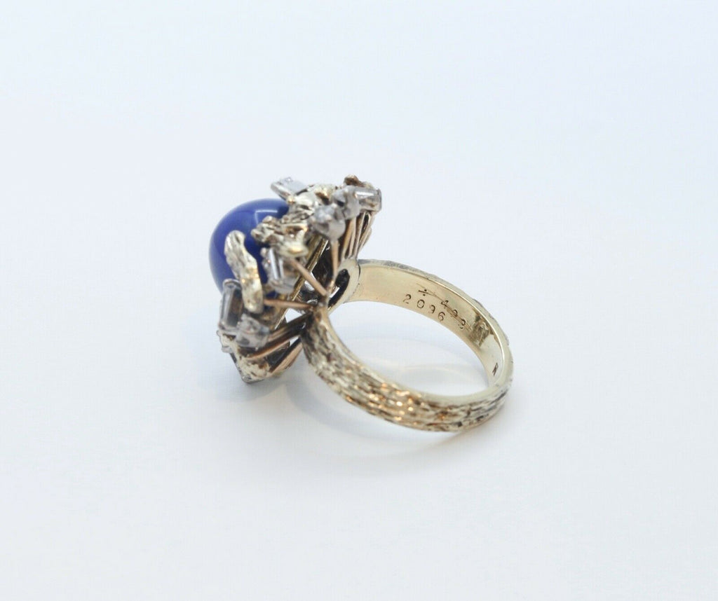 Vintage Tree Vine Cabochon Lapis Lazuli Diamonds 14K Yellow Gold Ring