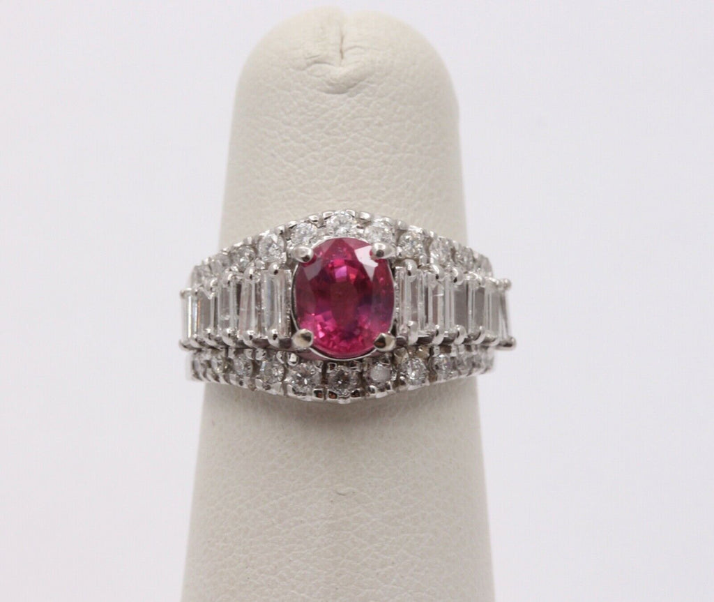 Vintage Pink Sapphire Diamonds 14K White Gold Ring