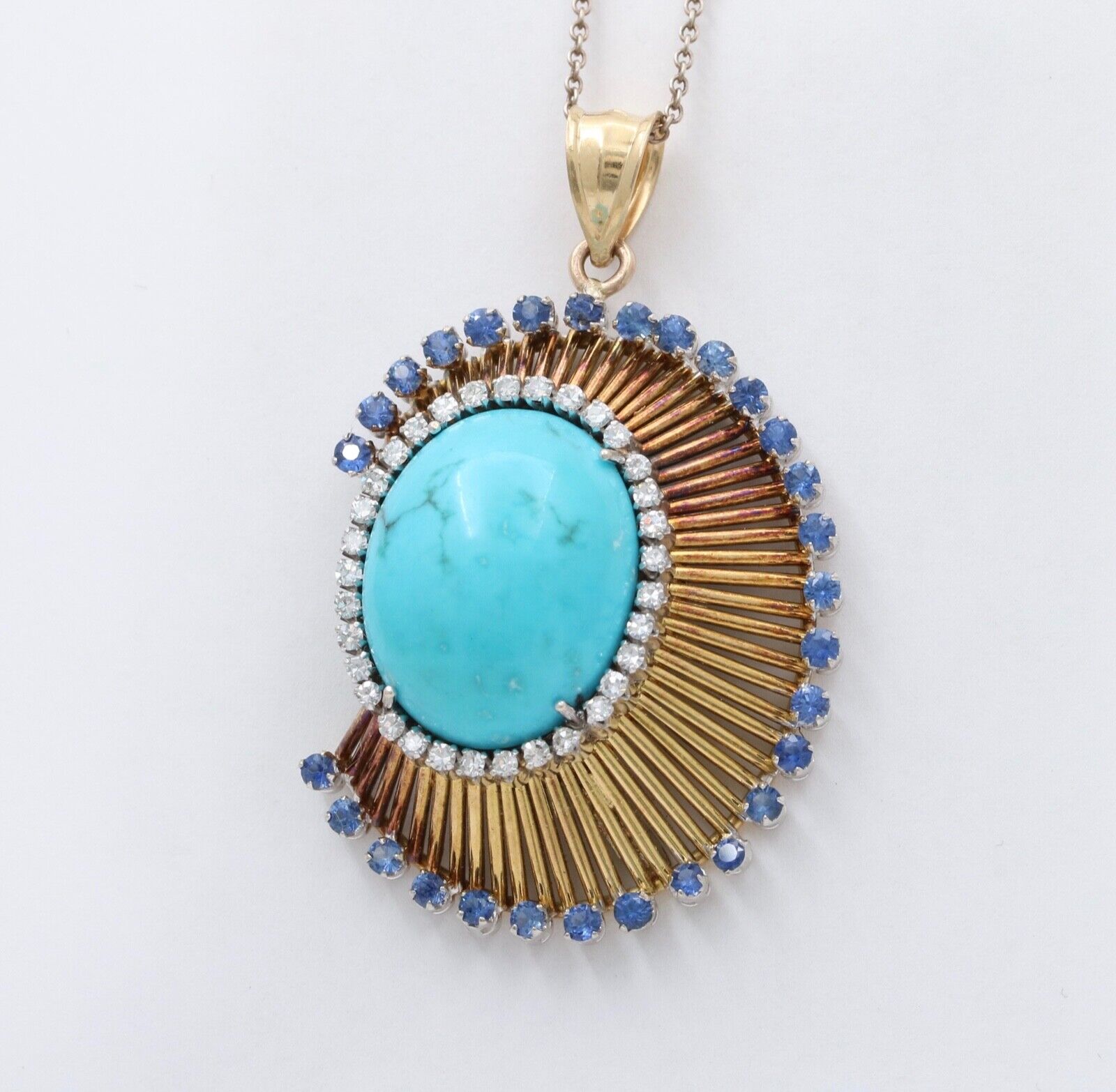 Funky Vintage 18K Yellow Gold Large Turquoise, Sapphire and Diamond Pendant