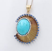 Load image into Gallery viewer, Funky Vintage 18K Yellow Gold Large Turquoise, Sapphire and Diamond Pendant
