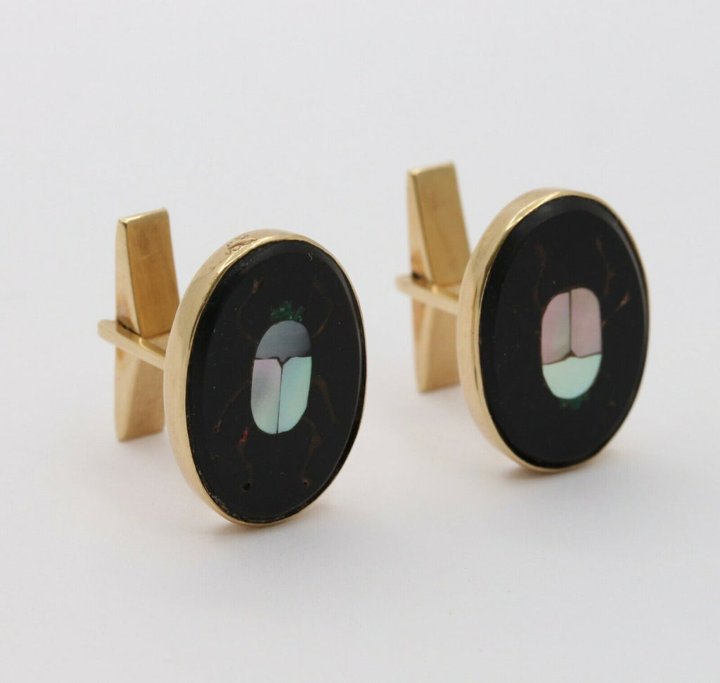 Pietra Dura Vintage 14K Yellow Gold Scarab Cufflinks
