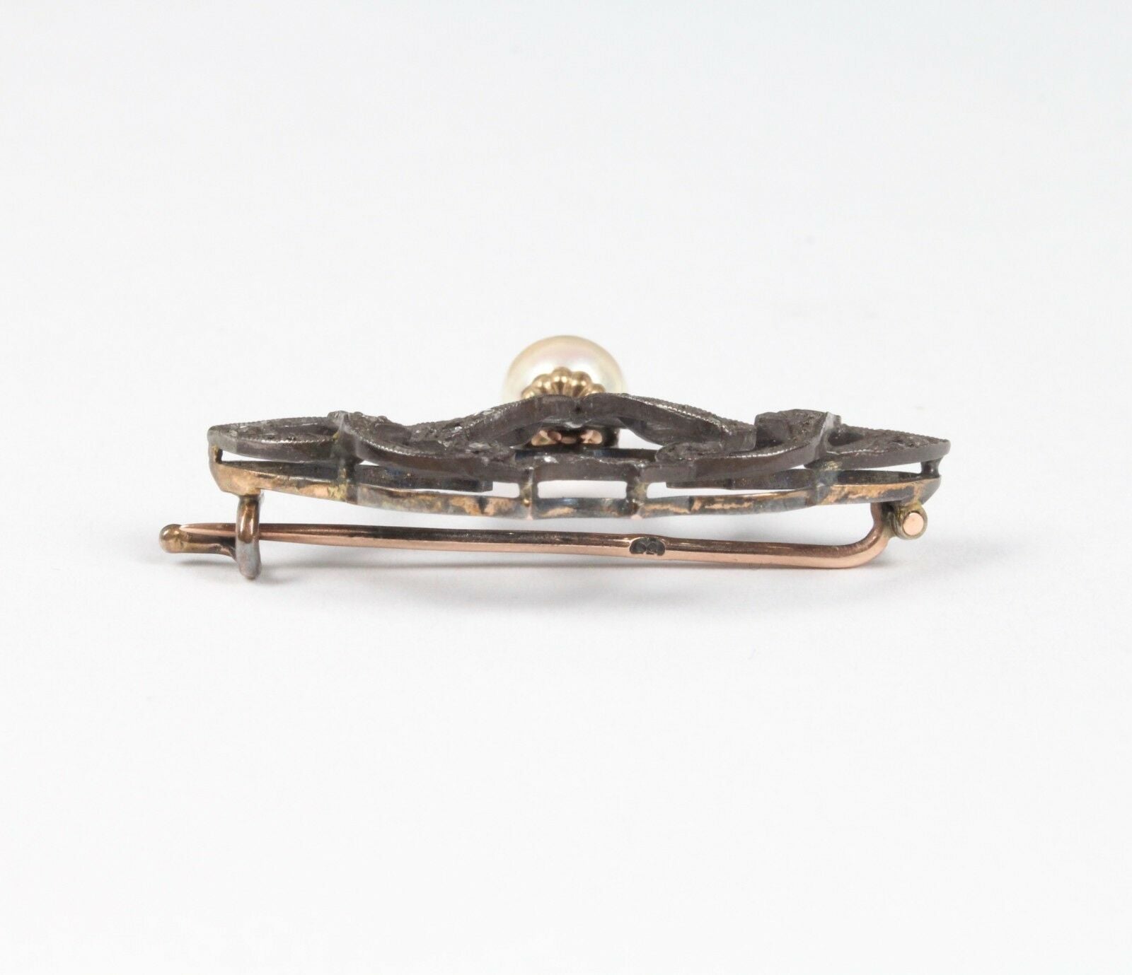 Victorian 10K Yellow Gold and Silver Diamond Pearl Brooch