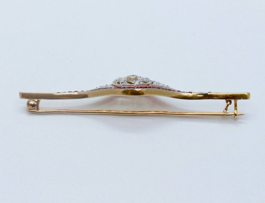 Art Deco Old Minor Rose Cut Diamonds Rubies 18K WG/YG Brooch Pin