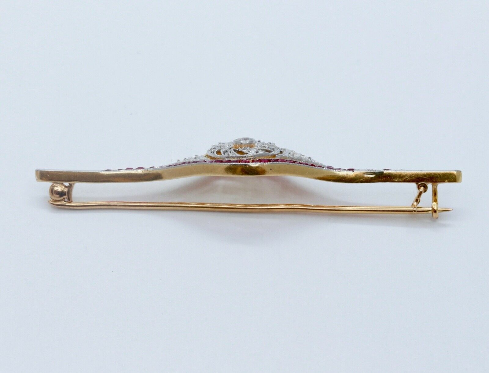 Art Deco Old Minor Rose Cut Diamonds Rubies 18K WG/YG Brooch Pin
