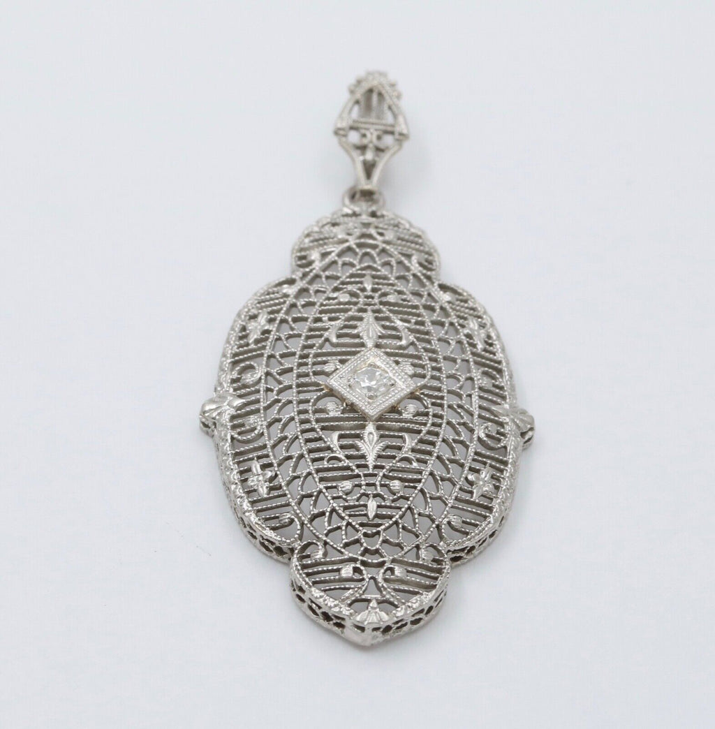 Art Deco 14K White Gold Filigree Diamond Pendant Necklace