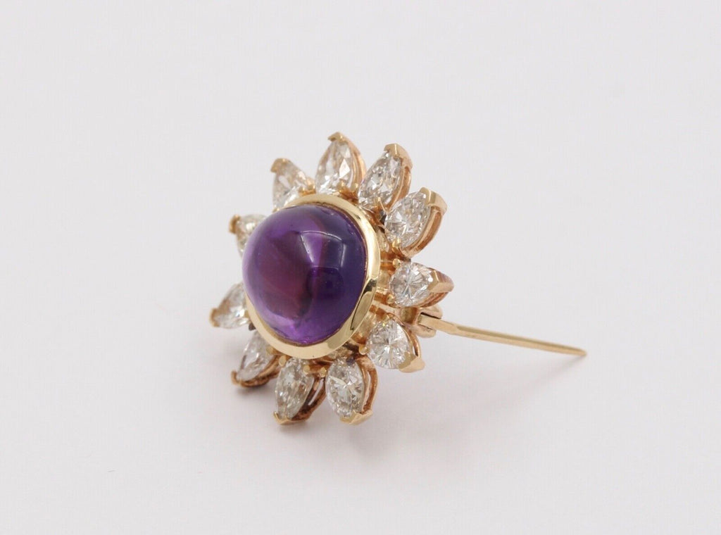 Vintage 14K Yellow Gold Diamond and Amethyst Flower Brooch