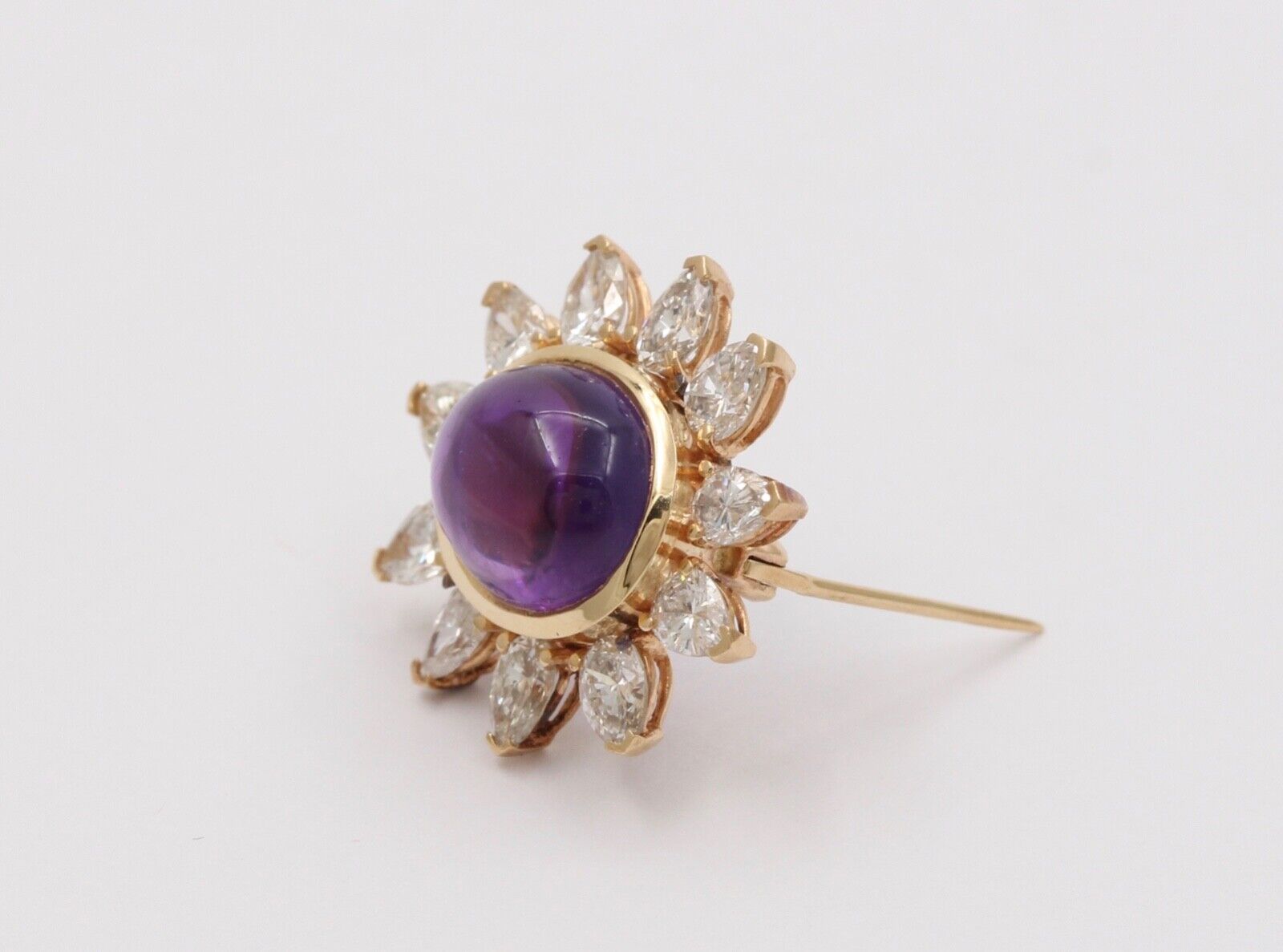 Vintage 14K Yellow Gold Diamond and Amethyst Flower Brooch