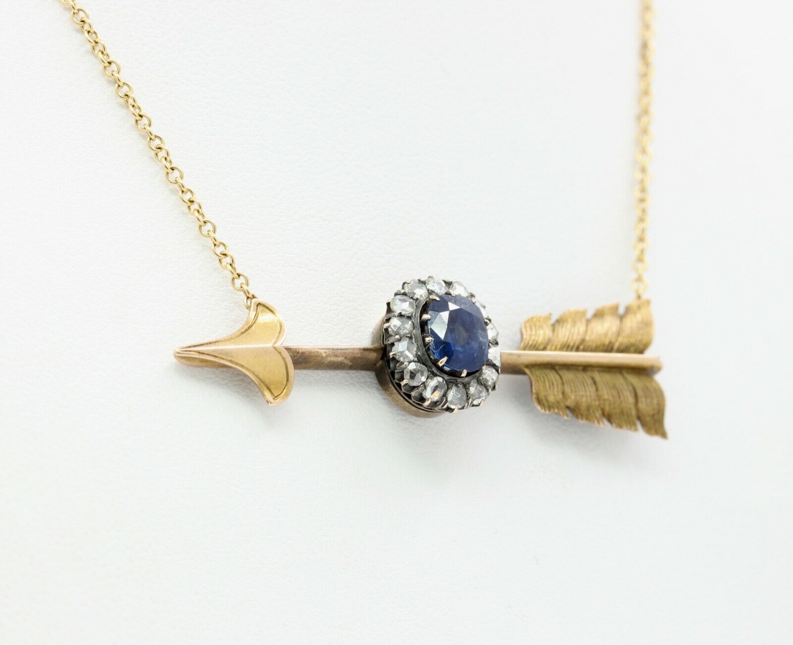 Victorian Russian 14K Yellow Gold Sapphire Rose Cut Diamond Arrow Pendant