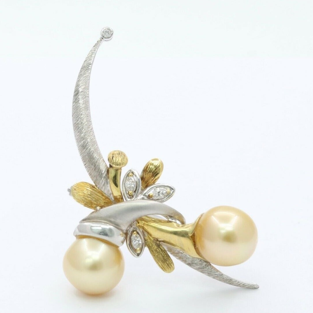 Vintage 18K White/Yellow Gold Pearl Diamond Floral Brooch