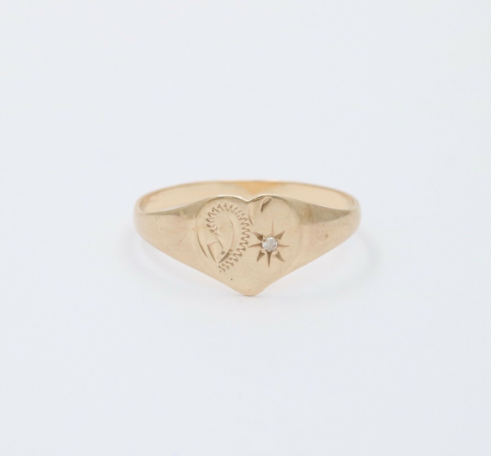 English 9K Yellow Gold Diamond Heart Signet Ring