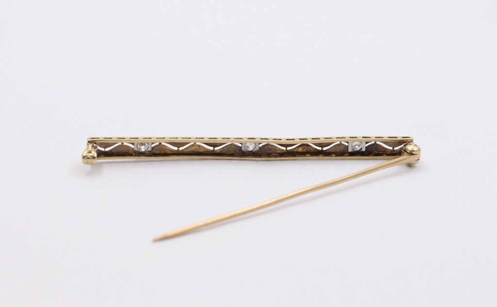 Art Deco 14K White Yellow Gold Diamonds Bar Brooch Pin