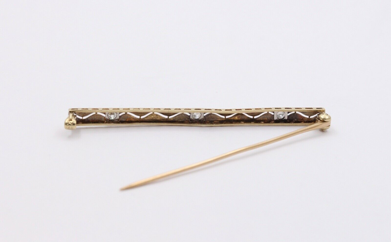 Art Deco 14K White Yellow Gold Diamonds Bar Brooch Pin