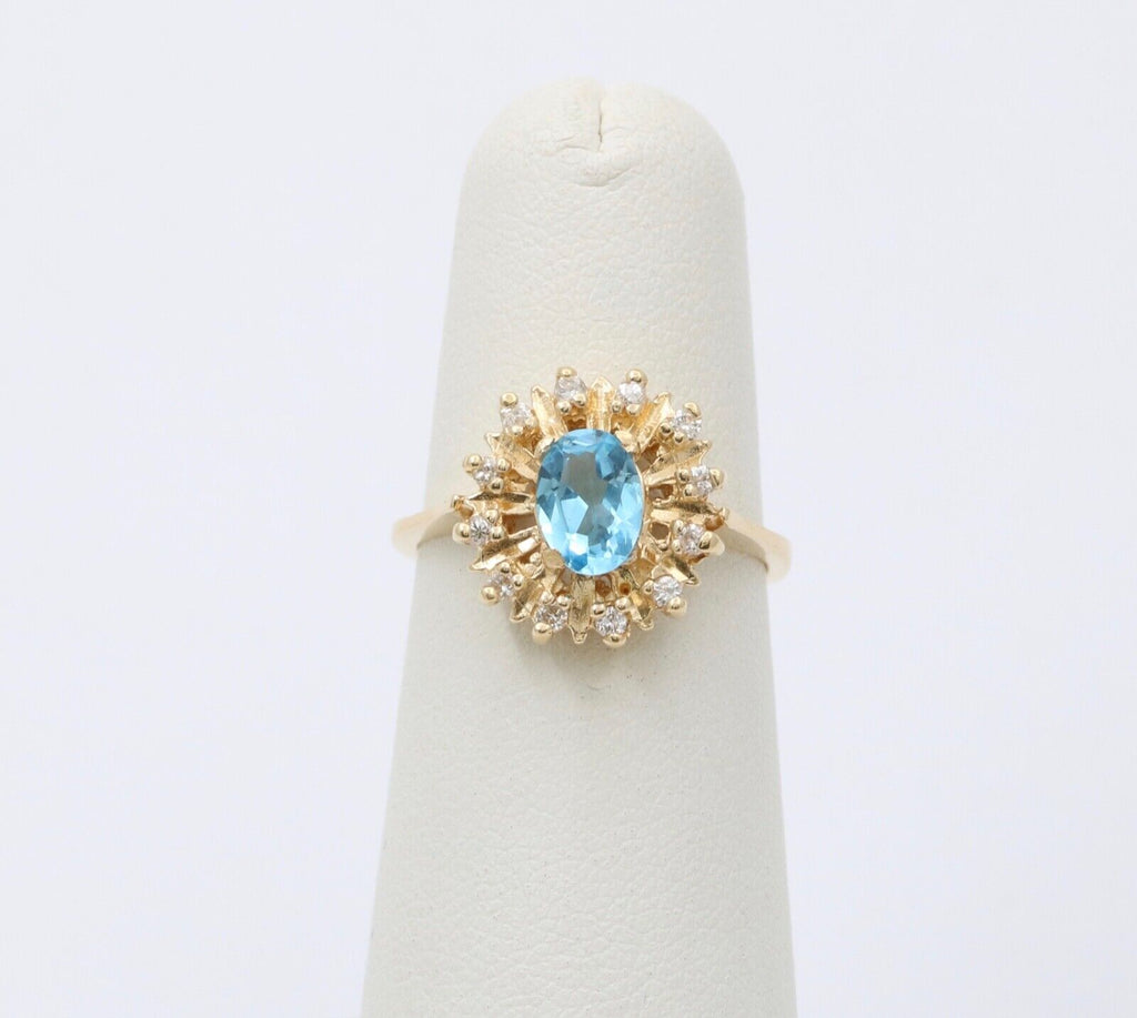 Vintage Blue Topaz Diamonds 14K Yellow Gold Cocktail Ring