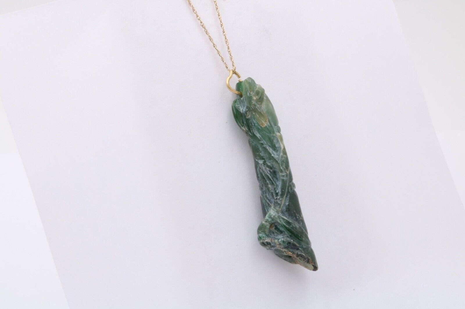 Antique Hand Carved Jade Bamboo 18K Yellow Gold Pendant