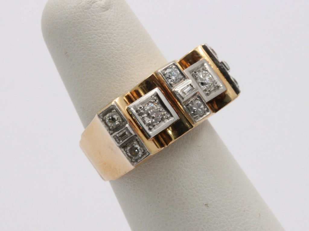 Retro 18K Yellow Gold Boxy Diamond Statement Ring