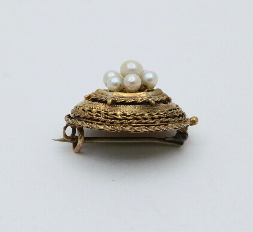Antique Etrascan Revival 14K Yellow Gold Pearl Brooch.