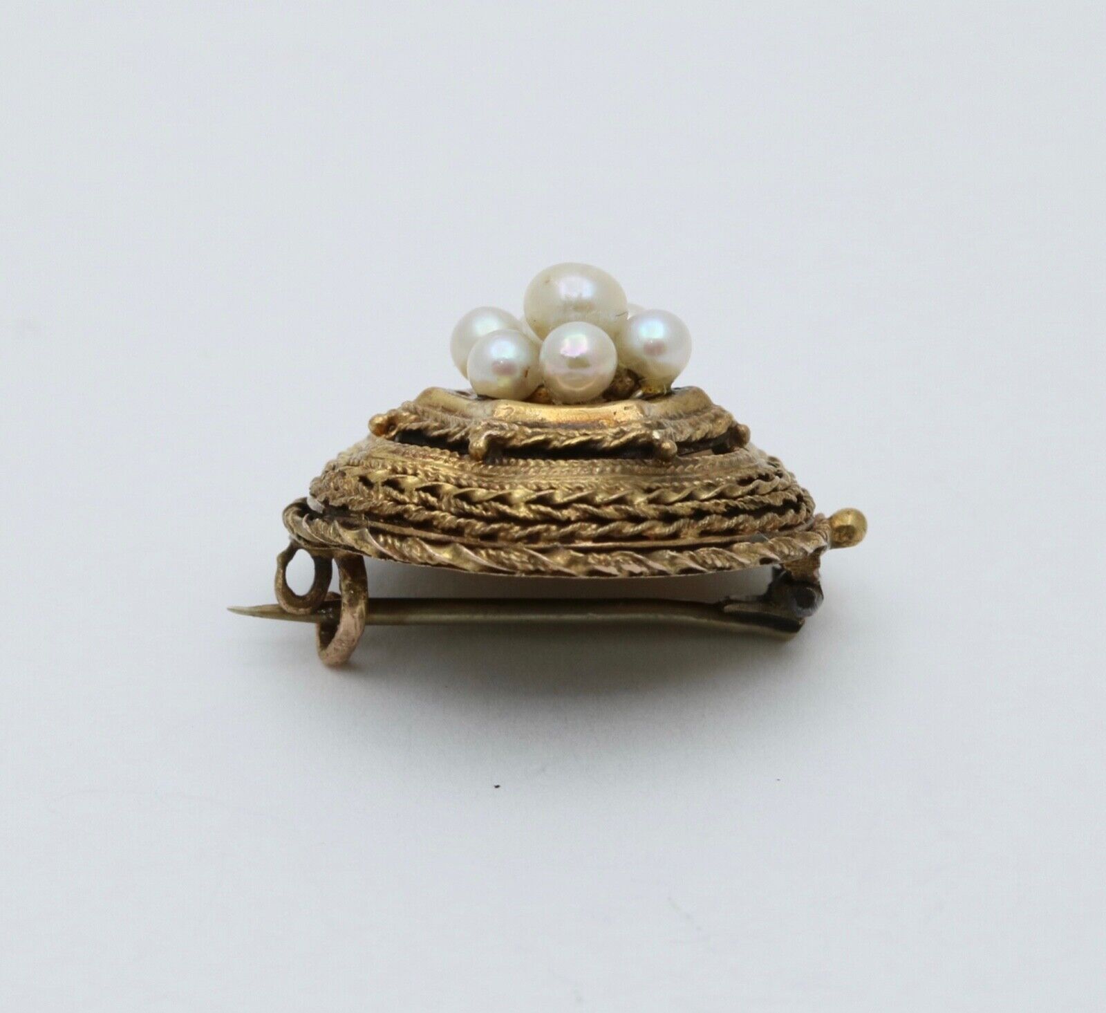Antique Etrascan Revival 14K Yellow Gold Pearl Brooch.