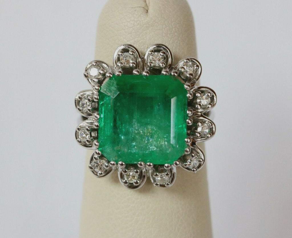 Vintage Emerald Cut Columbian Emerald Diamonds Platinum Ring
