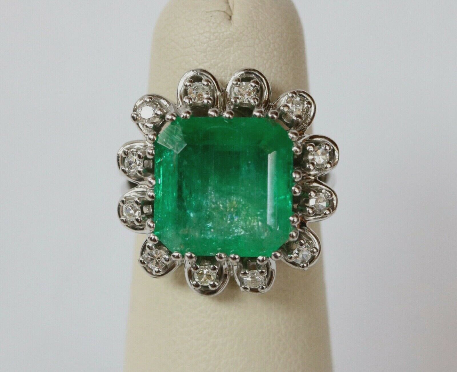 Vintage Emerald Cut Columbian Emerald Diamonds Platinum Ring