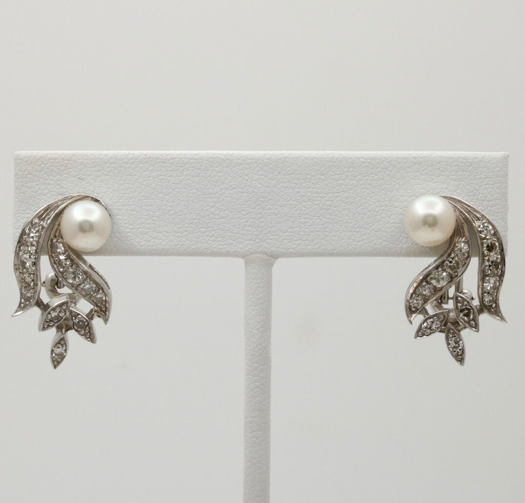 Elegant Vintage 14K Gold Pearl and Diamond Clip Earrings.