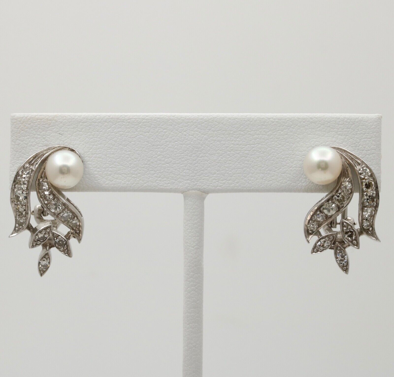 Elegant Vintage 14K Gold Pearl and Diamond Clip Earrings.