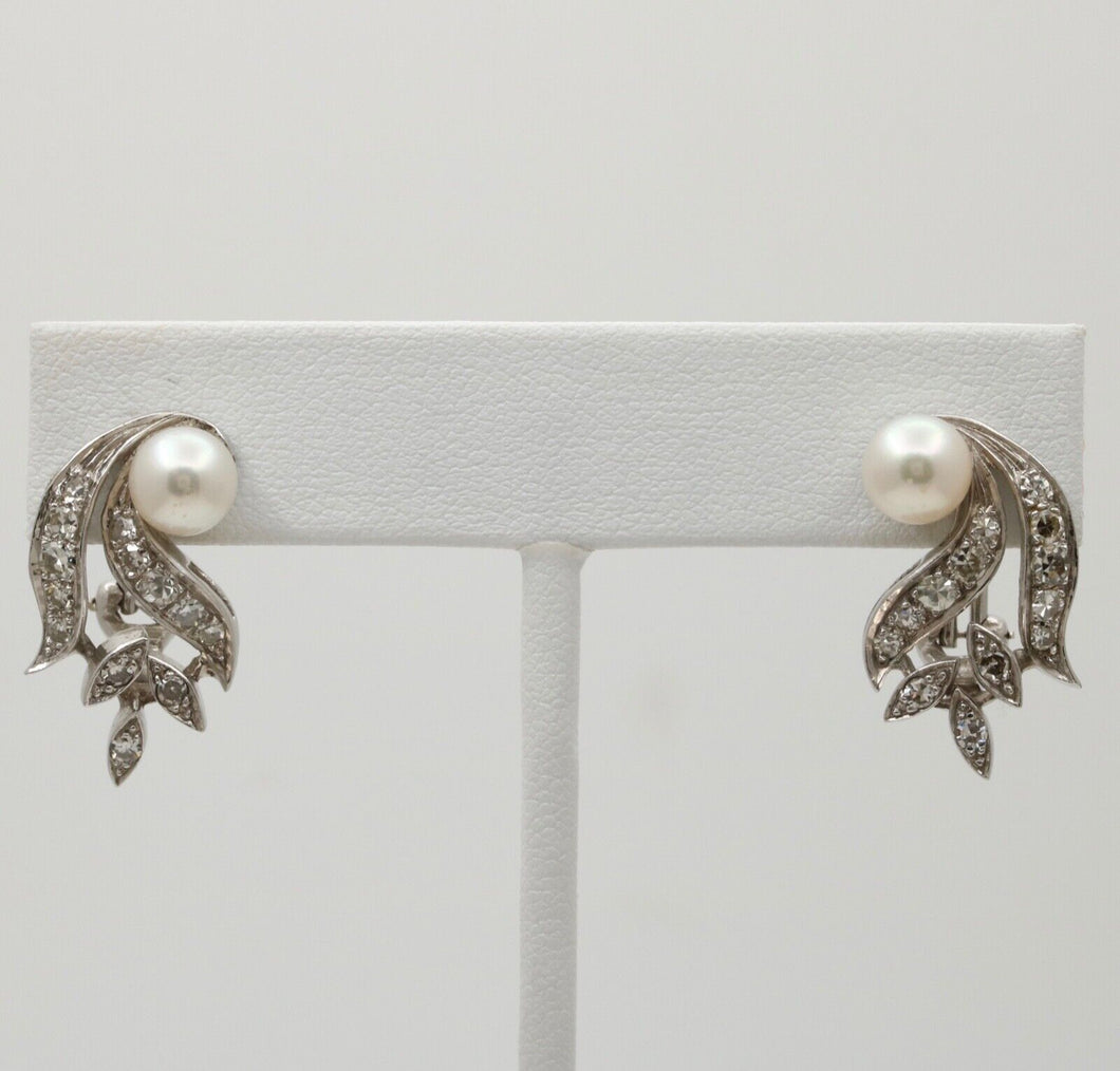 Elegant Vintage 14K Gold Pearl and Diamond Clip Earrings.