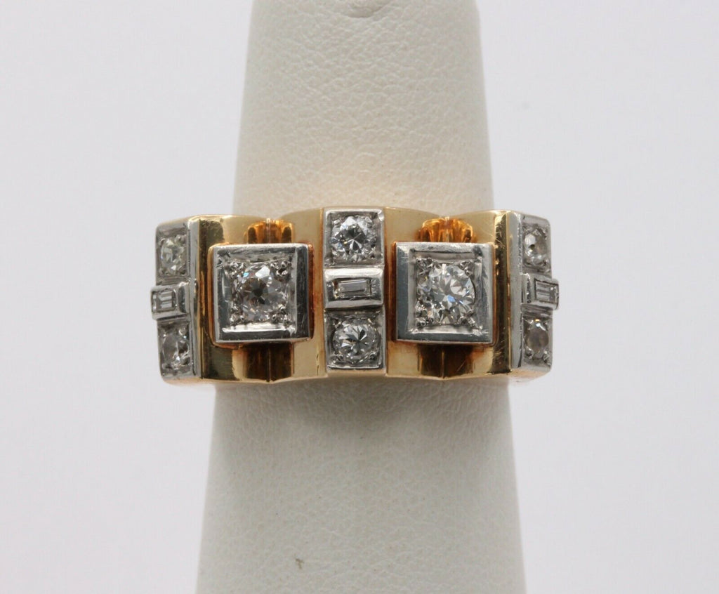 Retro 18K Yellow Gold Boxy Diamond Statement Ring