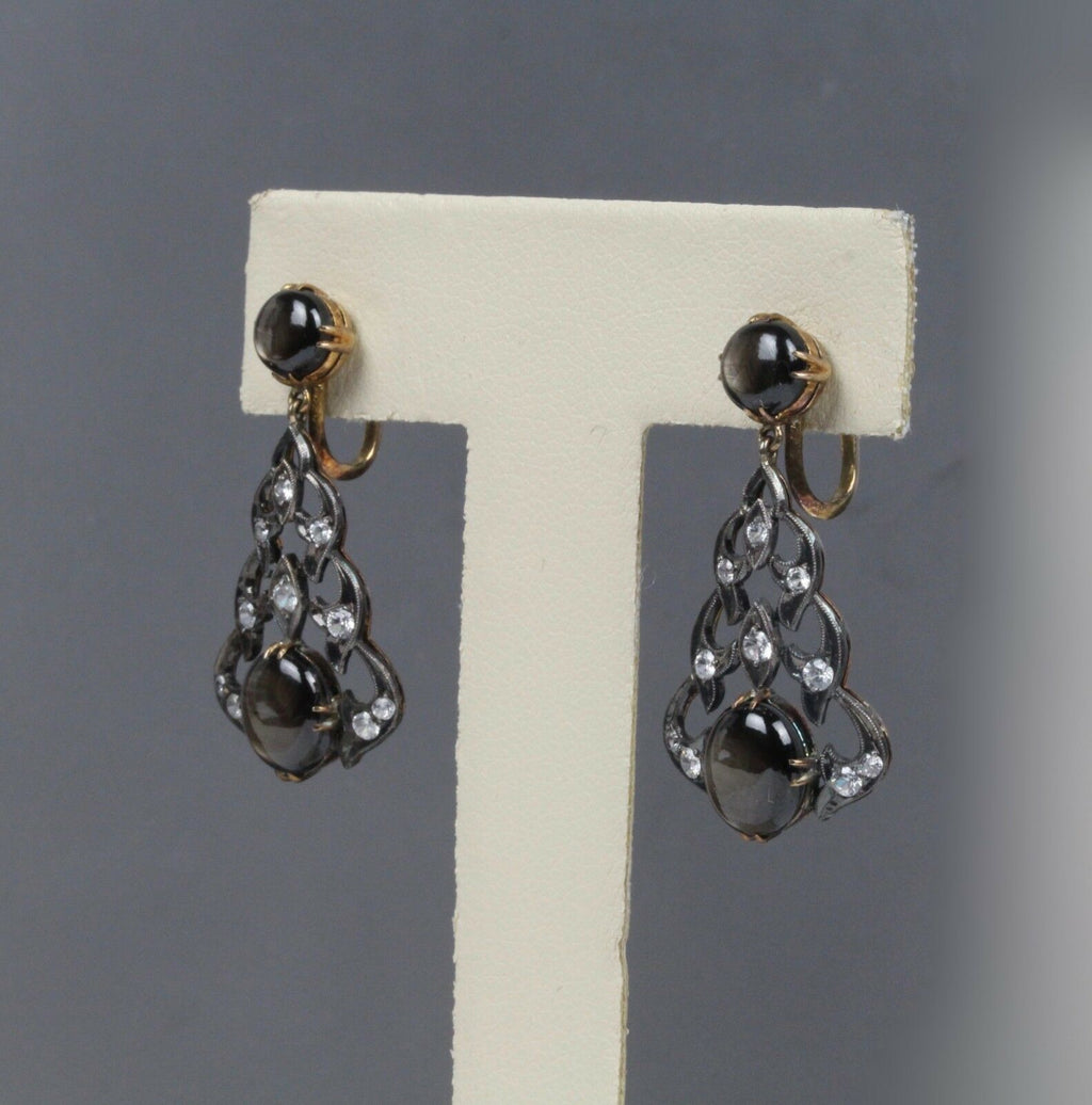 Victorian 14K Yellow Gold and Silver Black Star Sapphire Chandelier Earrings
