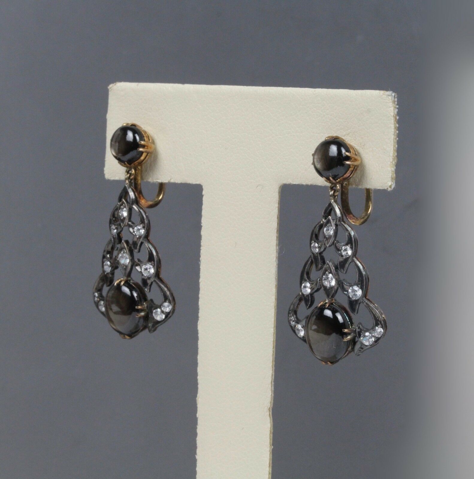 Victorian 14K Yellow Gold and Silver Black Star Sapphire Chandelier Earrings
