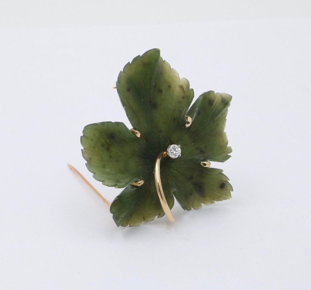 Vintage Diamond and Curved Jade 14K Yellow Gold Leaf Brooch, Pendant.