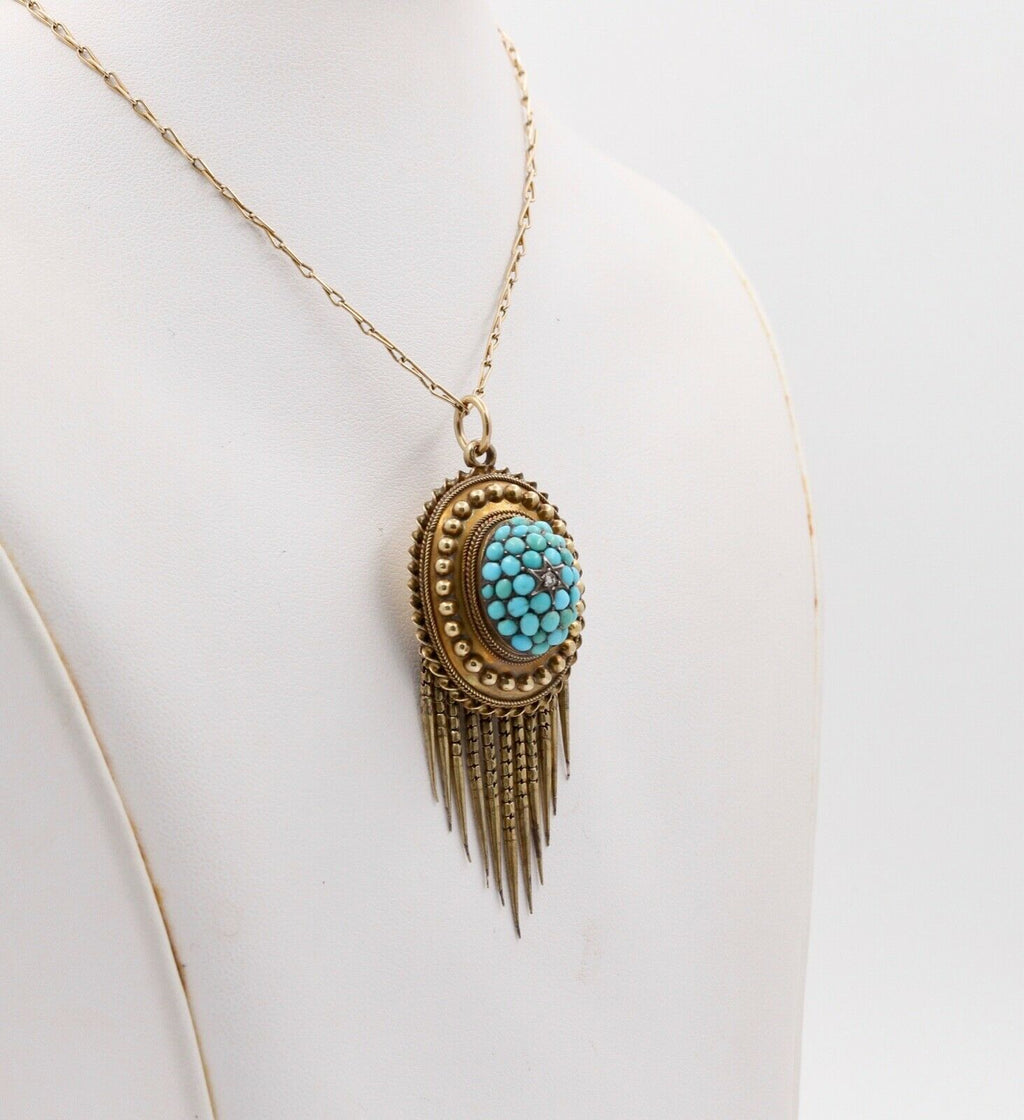 Victorian Rose Cut Diamond Turquoise 14K Yellow Gold Pendant
