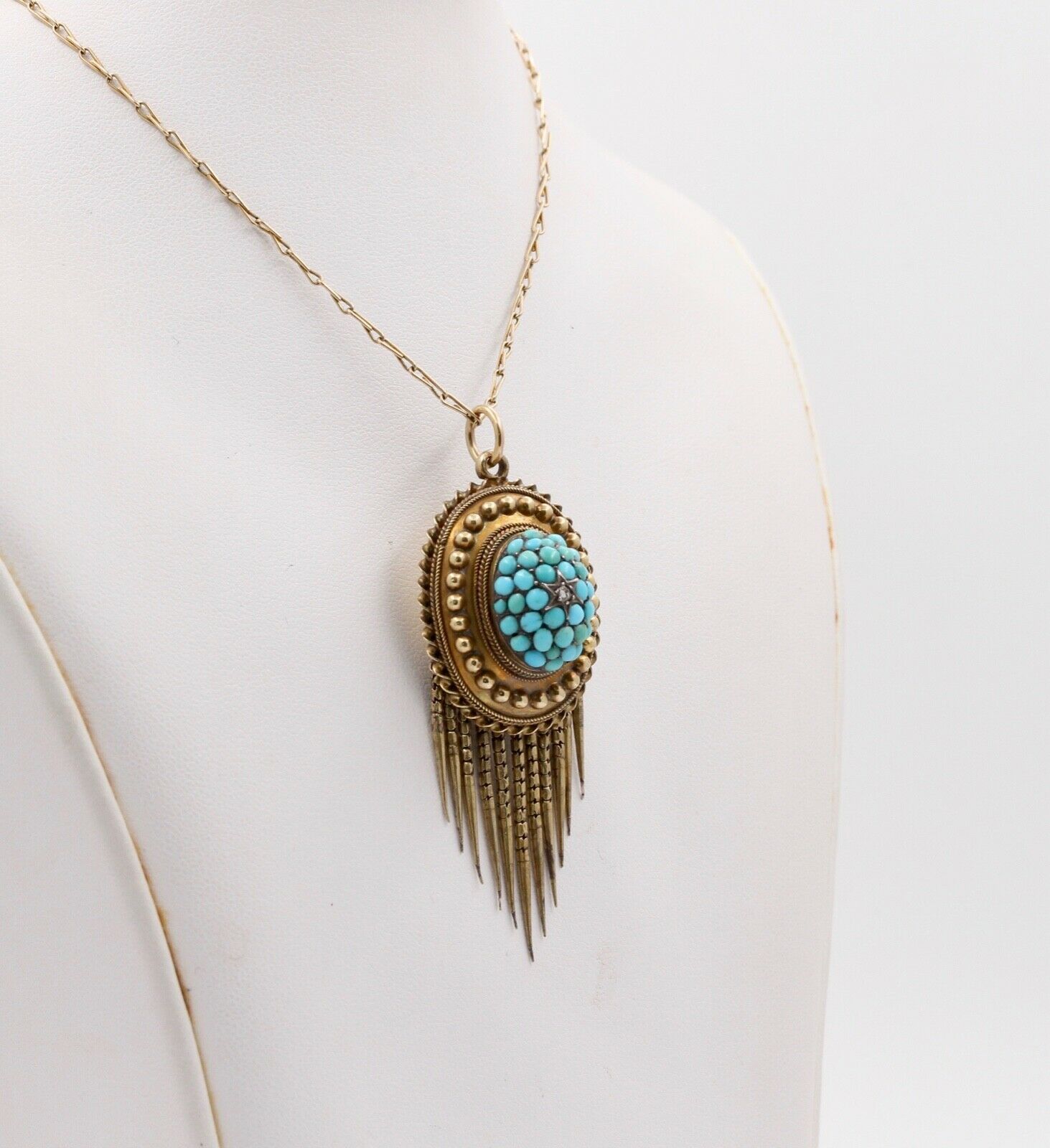 Victorian Rose Cut Diamond Turquoise 14K Yellow Gold Pendant