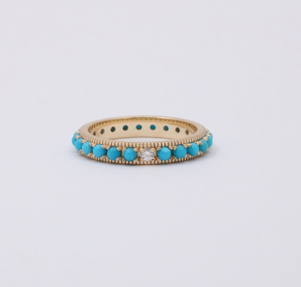 Vintage 14K Yellow Gold Turquoise & Diamond Eternity Band, Stacking Ring