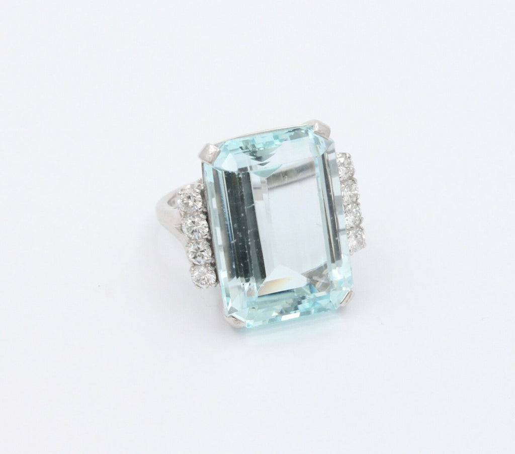 Huge Vintage 14K White Gold 26 Carat Aquamarine Diamond Statement Ring
