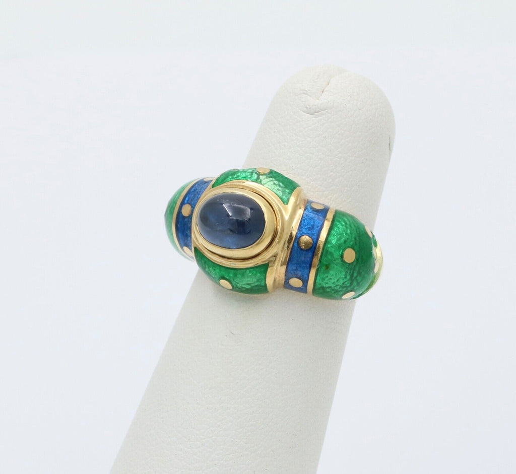 Vintage 18K Yellow Gold Sapphire Enamel Dome Ring , Ring Band