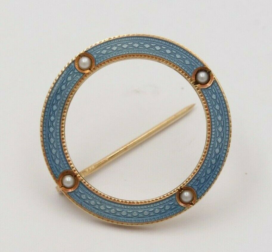 Art Deco Smoky Blue Guilloche Enamel Split Pearl Circle Pin Brooch