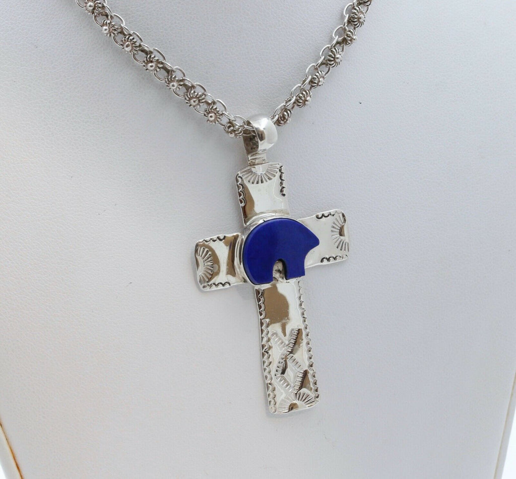 Navajo Lapis Lazuli Bear Sterling Silver Cross Pendant