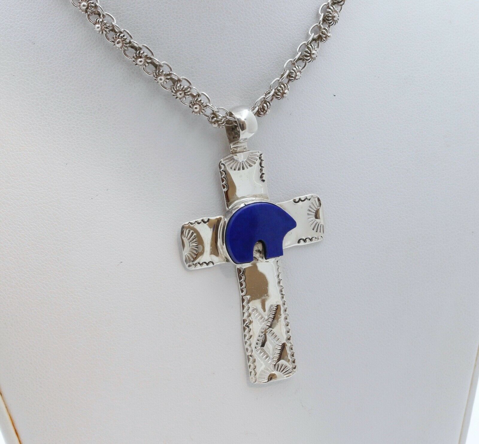 Navajo Lapis Lazuli Bear Sterling Silver Cross Pendant
