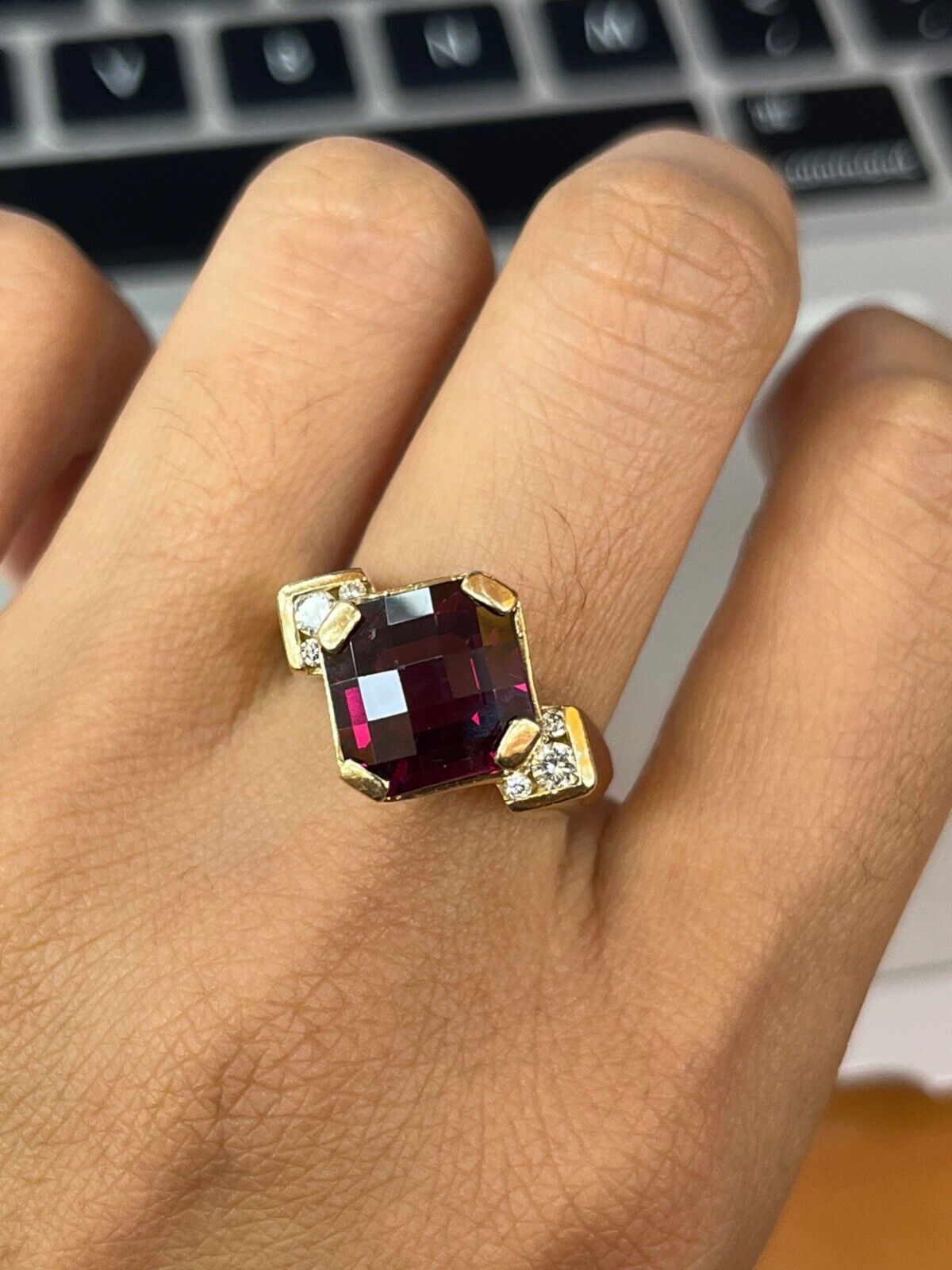Vintage 14K Gold Rhodolite Garnet And Diamond Cocktail Ring