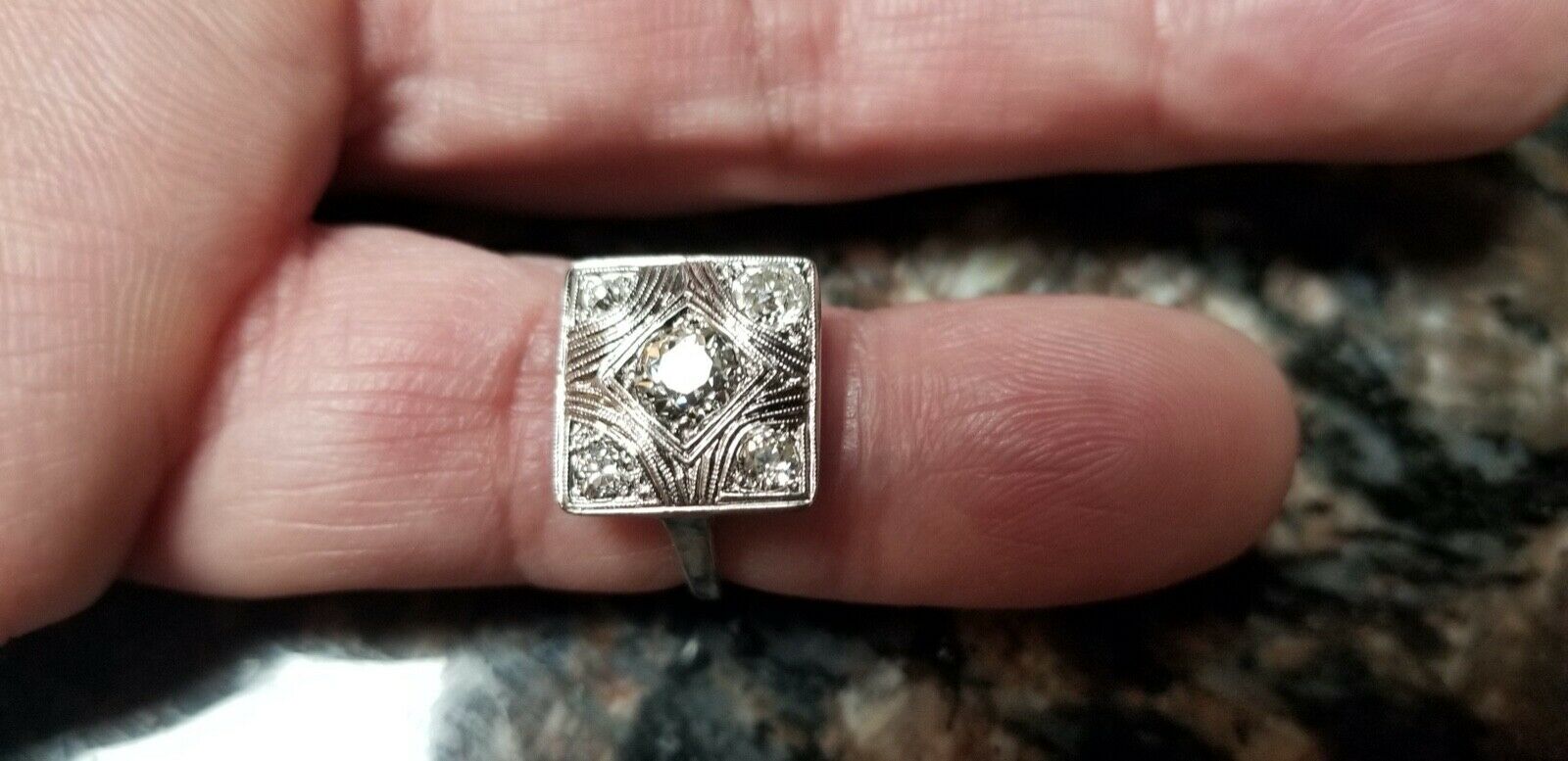 Art Deco Geometric Rope Filagree Diamonds 14K White Gold Ring