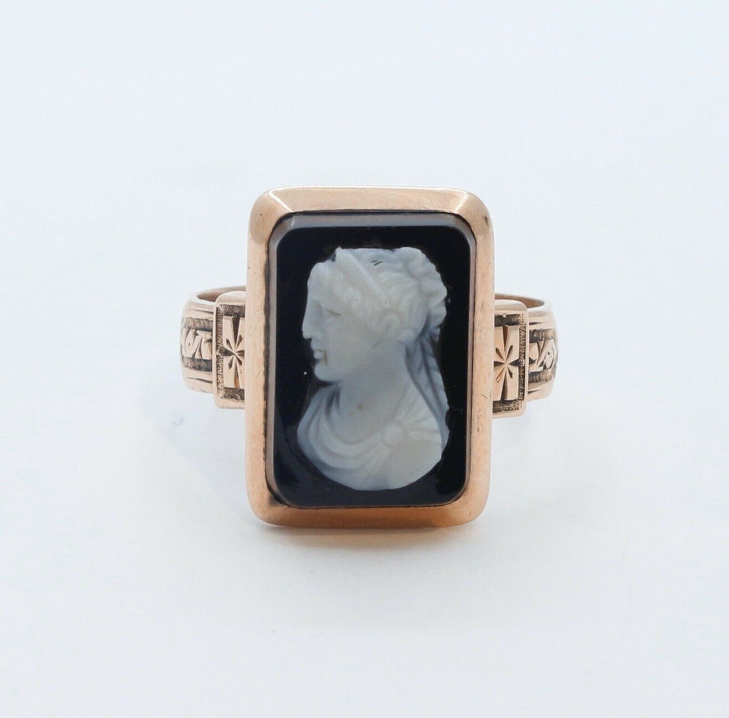 Victorian Onyx Cameo 9K Rose Gold Ring