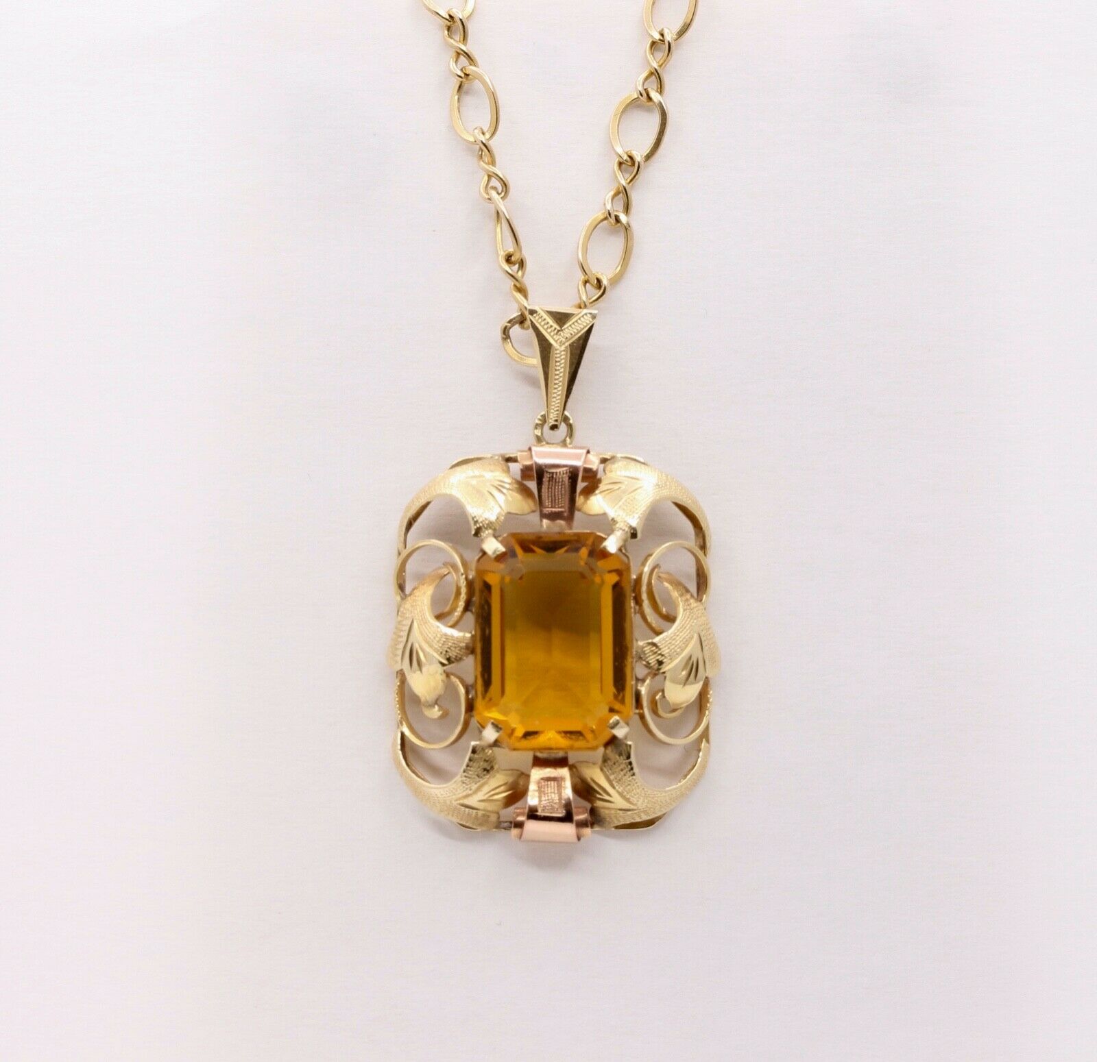 Lovely Vintage 14K Yellow Rose Gold Citrine Pendant 10K Open Link Chain