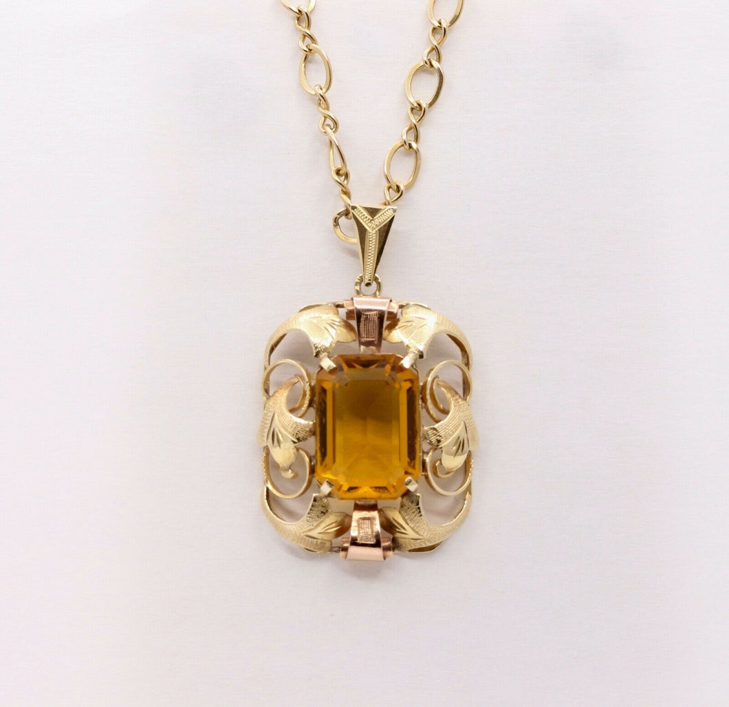 Lovely Vintage 14K Yellow Rose Gold Citrine Pendant 10K Open Link Chain