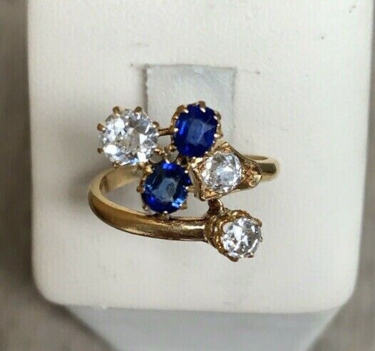 Vintage 18K Gold Chunky Old Mine Cut Diamond & Sapphire Snake Wrap Bypass Ring.