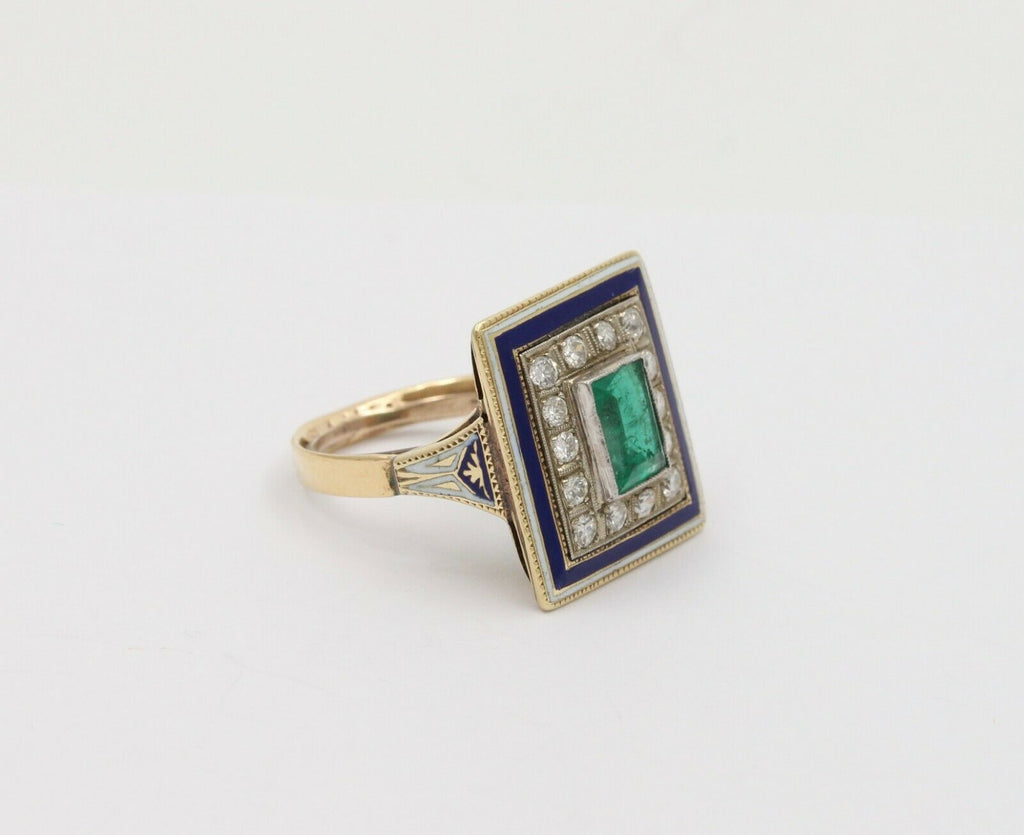 Vintage 14K Yellow Gold Emerald Diamond Enamel Ring