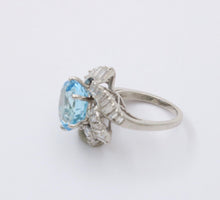 Load image into Gallery viewer, Vintage Platinum Aquamarine and Twirling Diamond Halo Ring, Statement Ring.
