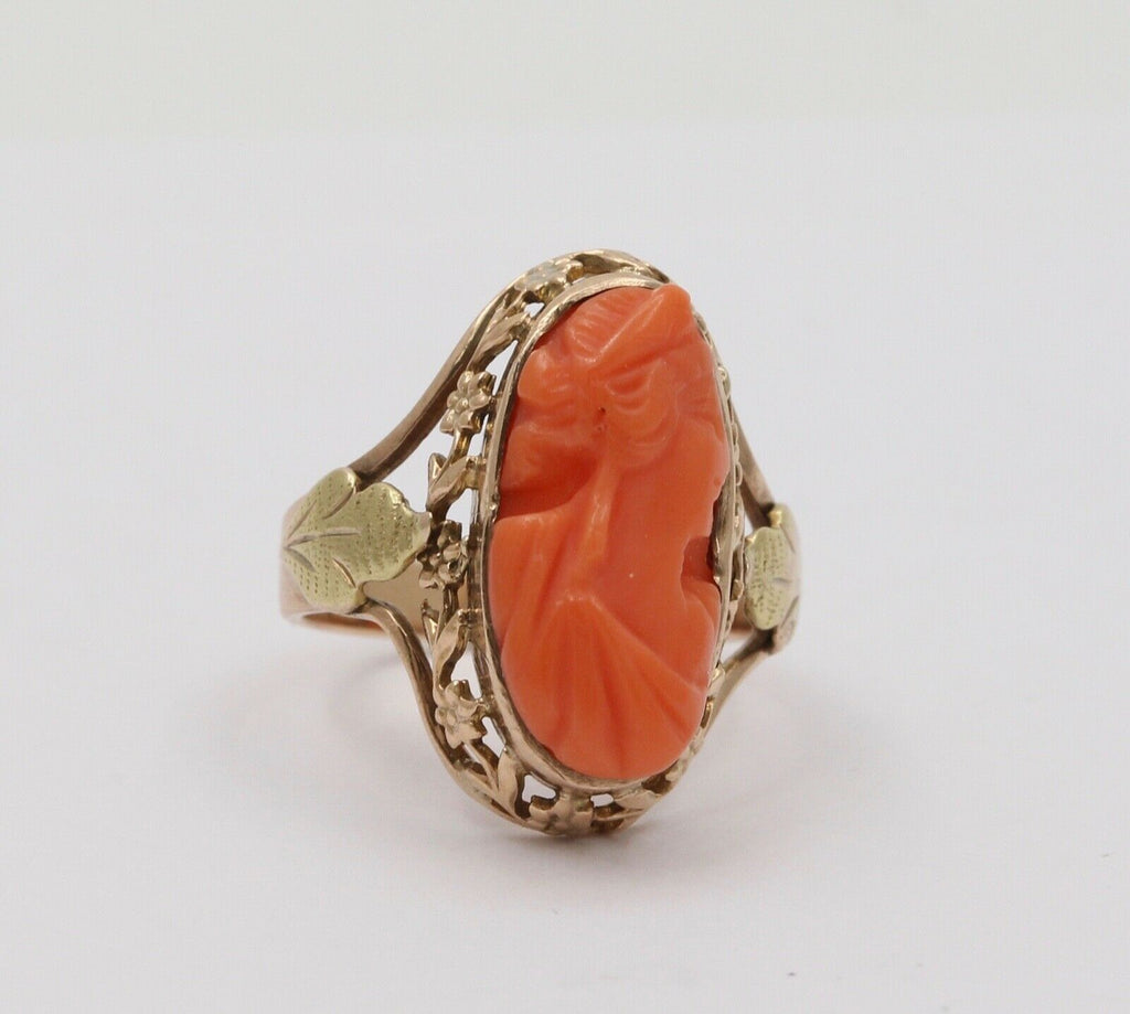 Antique Victorian Carved Coral Woman’s Portrait Two Tone Gold Ring