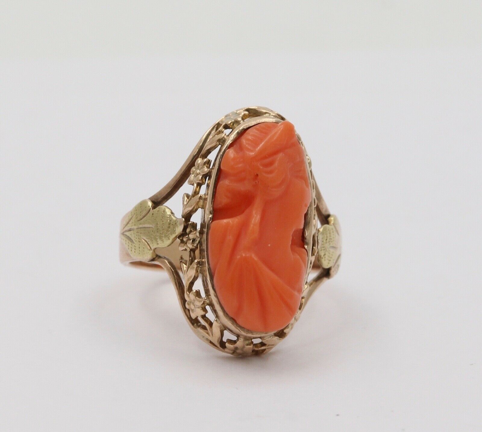 Antique Victorian Carved Coral Woman’s Portrait Two Tone Gold Ring